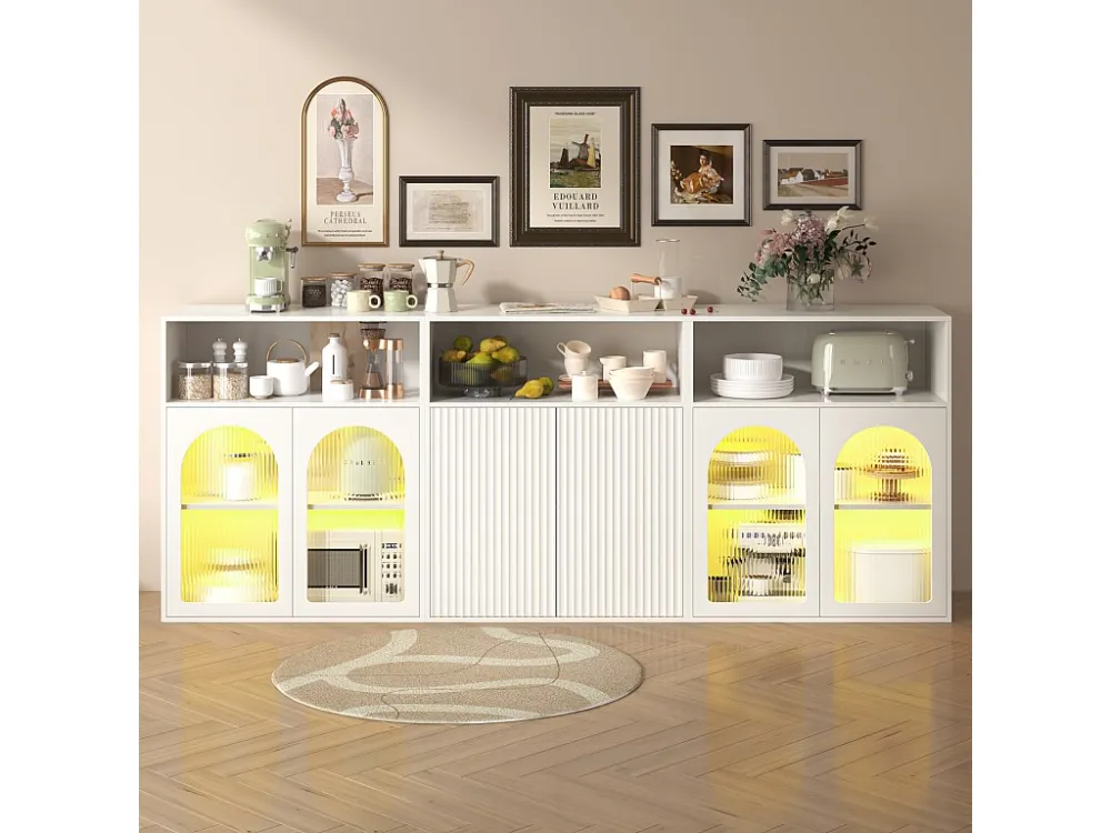 Dressoir, Opbergkast met 6 deuren - 210 x 35 x 90 cm - MDF hout, LED - voor keuken, woonkamer - Wit Merax
