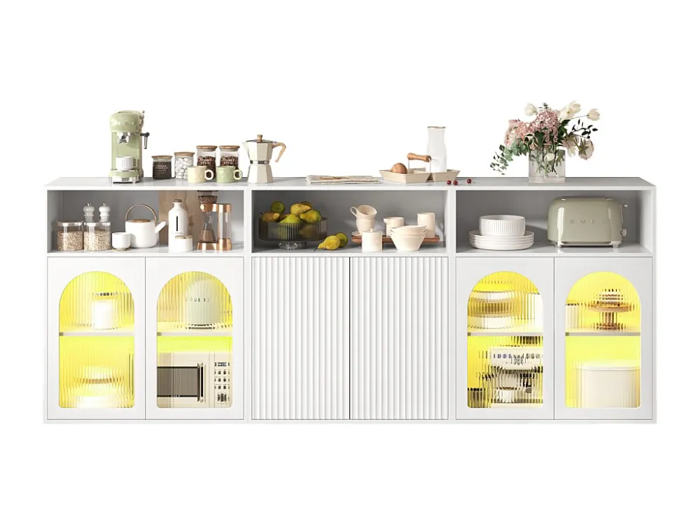 Dressoir, Opbergkast met 6 deuren - 210 x 35 x 90 cm - MDF hout, LED - voor keuken, woonkamer - Wit Merax
