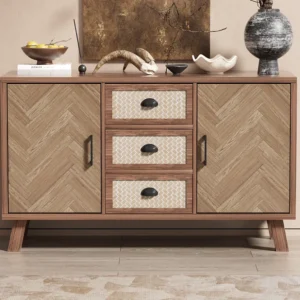 Dressoir, visgraat dressoir, drie laden en twee deuren, massief houten poten Merax
