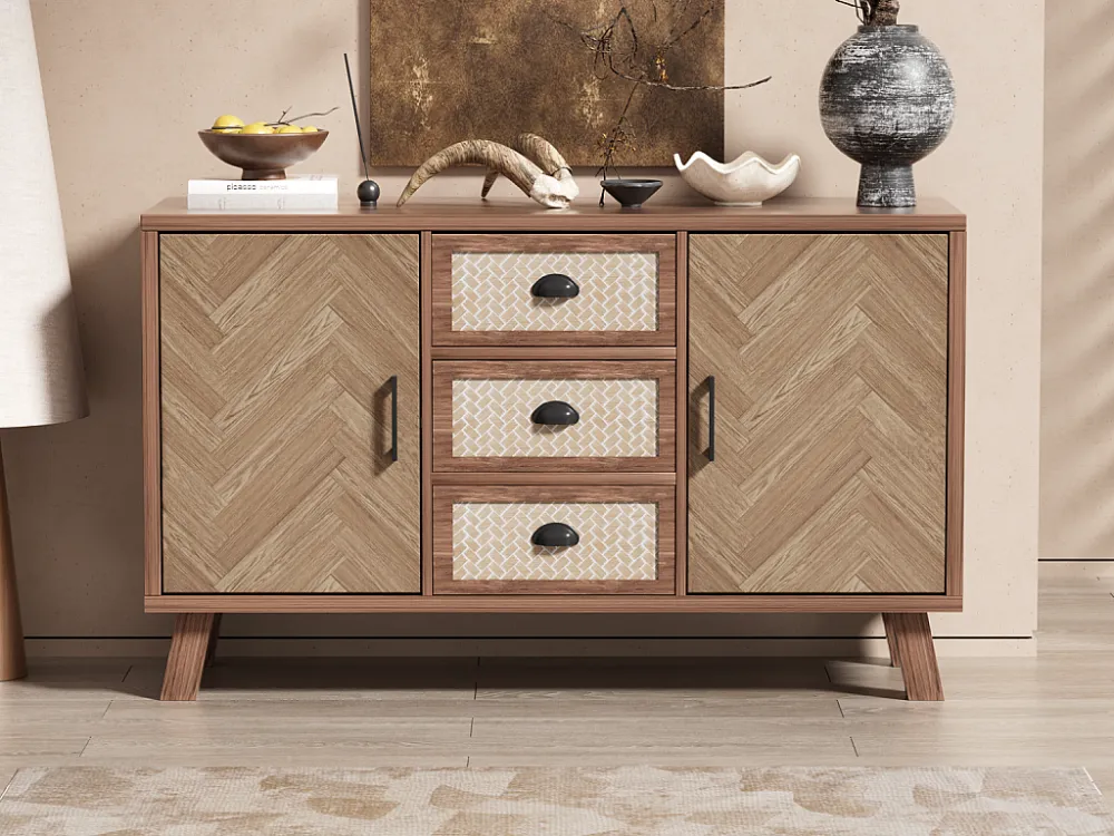 Dressoir, visgraat dressoir, drie laden en twee deuren, massief houten poten Merax