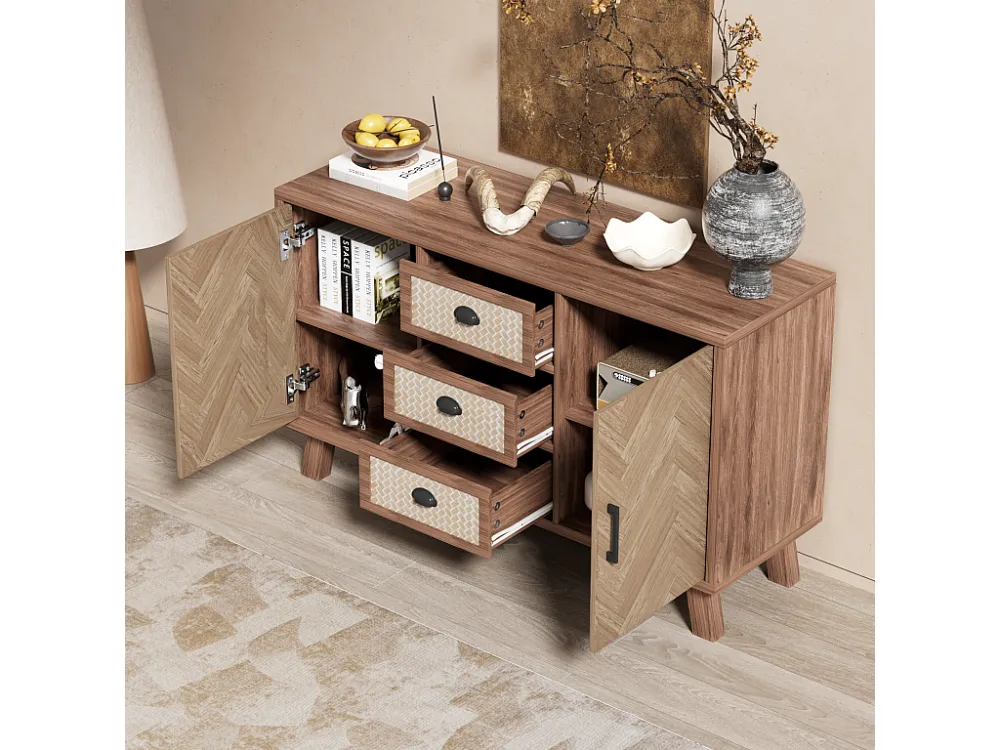 Dressoir, visgraat dressoir, drie laden en twee deuren, massief houten poten Merax