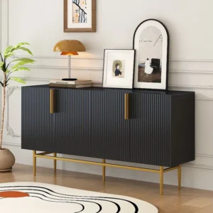 Geribbeld dressoir met 4 deuren - MDF-hout en gouden metalen poten - moderne stijl - zwarte kleur - 150 x 40 x 86 cm Merax