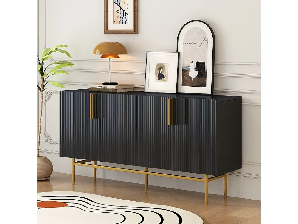 Geribbeld dressoir met 4 deuren - MDF-hout en gouden metalen poten - moderne stijl - zwarte kleur - 150 x 40 x 86 cm Merax