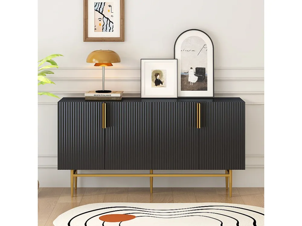 Geribbeld dressoir met 4 deuren - MDF-hout en gouden metalen poten - moderne stijl - zwarte kleur - 150 x 40 x 86 cm Merax