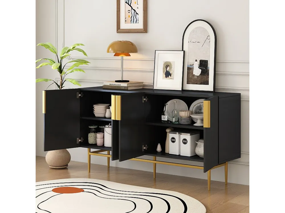 Geribbeld dressoir met 4 deuren - MDF-hout en gouden metalen poten - moderne stijl - zwarte kleur - 150 x 40 x 86 cm Merax