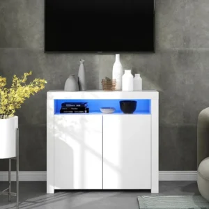 Glanzend wit laag dressoir met 2 deuren en 1 nis - LED's - Spaanpanelen - voor keuken woonkamer - 120 x 40 x 60,5 cm...