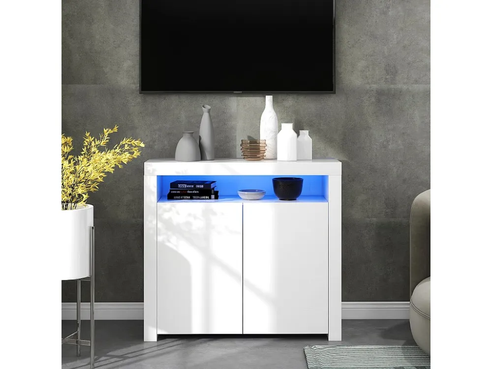 Glanzend wit laag dressoir met 2 deuren en 1 nis - LED's - Spaanpanelen - voor keuken woonkamer - 120 x 40 x 60,5 cm...