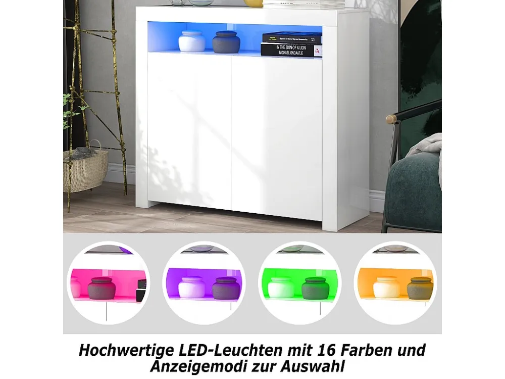 Glanzend wit laag dressoir met 2 deuren en 1 nis - LED's - Spaanpanelen - voor keuken woonkamer - 120 x 40 x 60,5 cm...