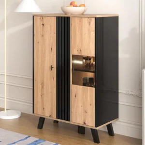 Hoog dressoir met 2 deuren - LED's - Glas en houteffect - Vintage - Kleuren: eiken en zwart Merax
