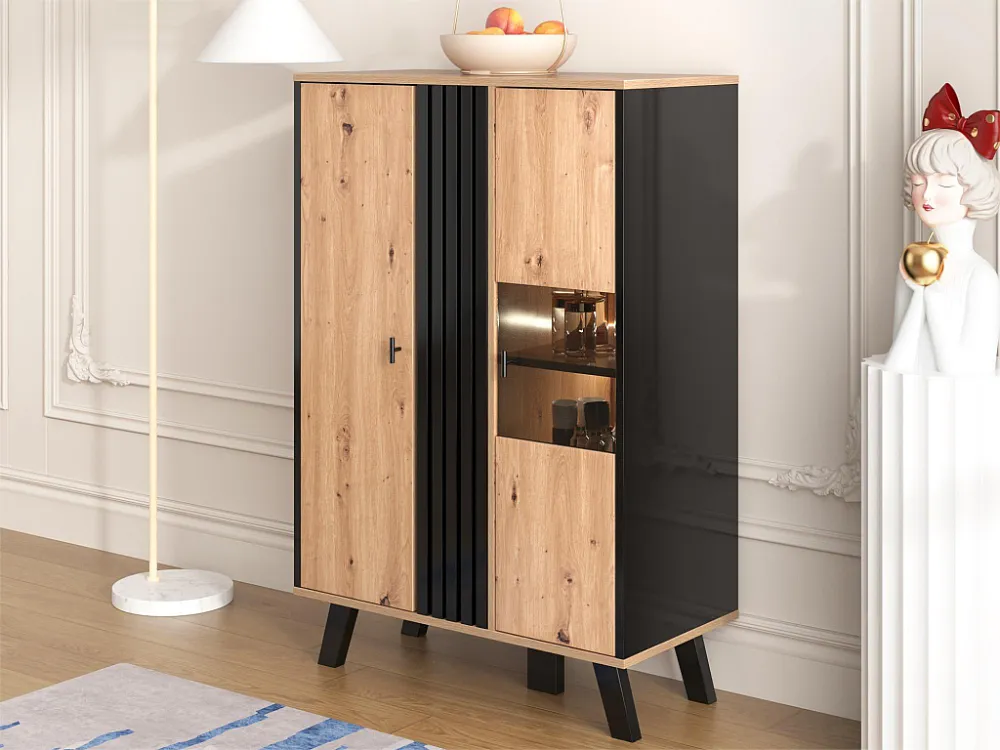 Hoog dressoir met 2 deuren - LED's - Glas en houteffect - Vintage - Kleuren: eiken en zwart Merax