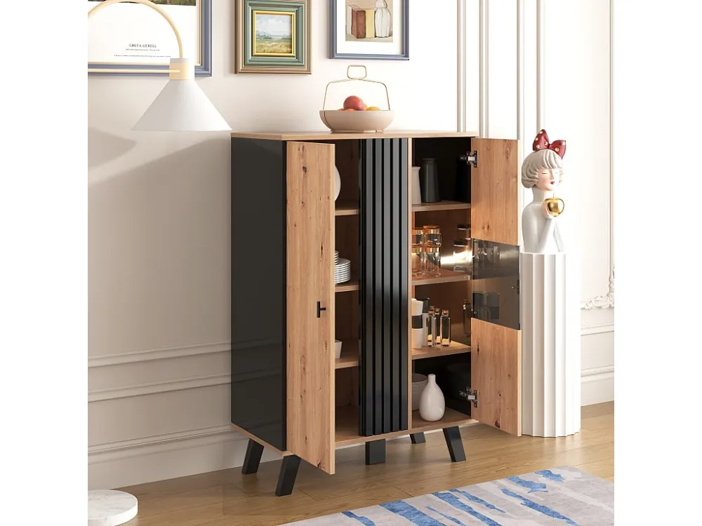 Hoog dressoir met 2 deuren - LED's - Glas en houteffect - Vintage - Kleuren: eiken en zwart Merax