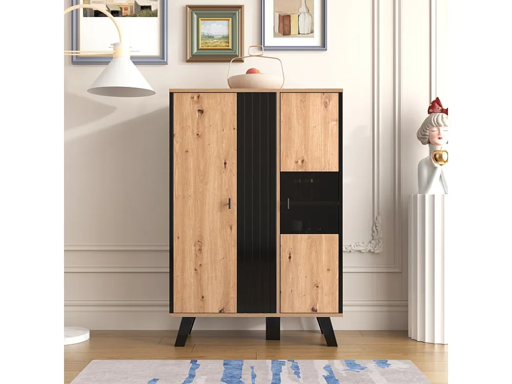 Hoog dressoir met 2 deuren - LED's - Glas en houteffect - Vintage - Kleuren: eiken en zwart Merax