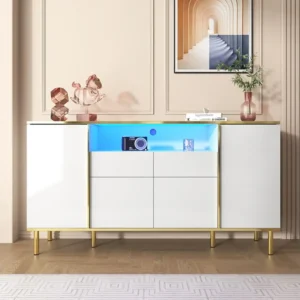 Hoogglans dressoir met 4 deuren, 2 lades en één vak - 150 x 40 x 80 cm - Spaanplaat - Wit en goud Merax