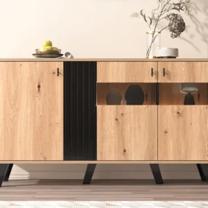 Laag dressoir - Artisanaal eiken en zwart decor - 3 deuren van glas en spaanplaat - L 140 x H 78 x D 41 cm Merax