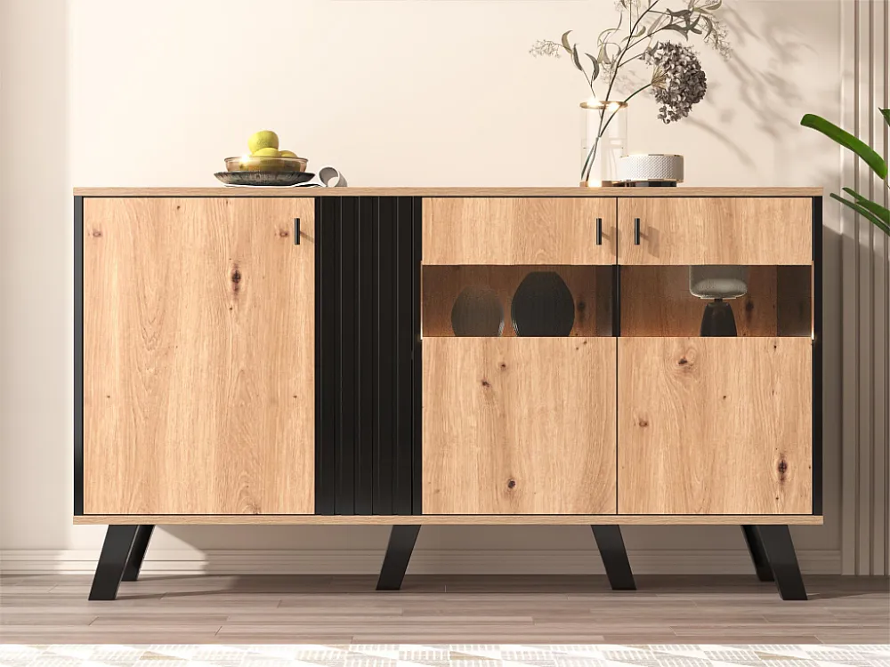 Laag dressoir - Artisanaal eiken en zwart decor - 3 deuren van glas en spaanplaat - L 140 x H 78 x D 41 cm Merax