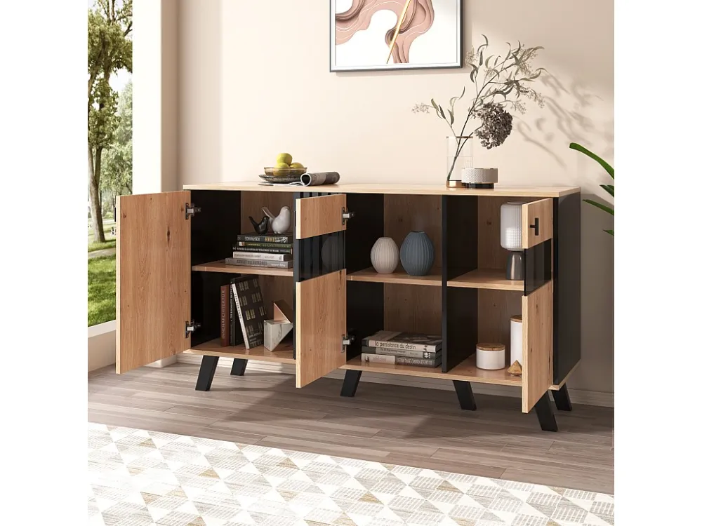 Laag dressoir - Artisanaal eiken en zwart decor - 3 deuren van glas en spaanplaat - L 140 x H 78 x D 41 cm Merax