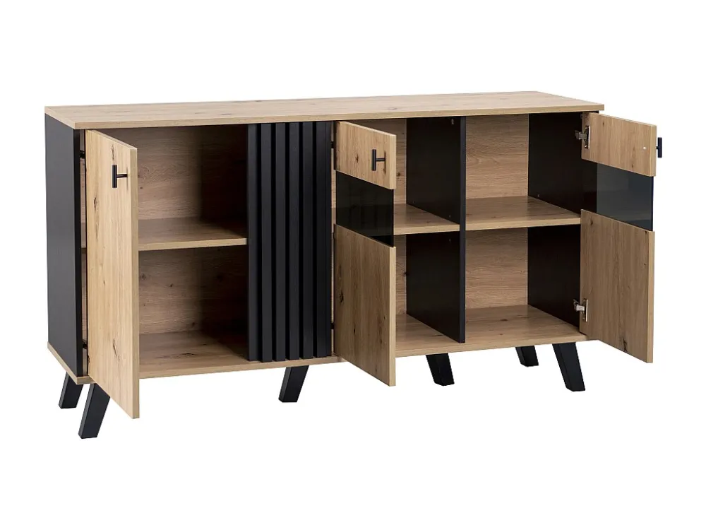 Laag dressoir - Artisanaal eiken en zwart decor - 3 deuren van glas en spaanplaat - L 140 x H 78 x D 41 cm Merax