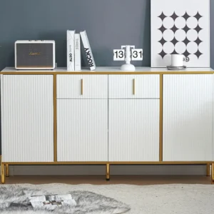 Laag dressoir 4 deuren en 2 laden - 140 x 35 x 76 cm - Spaanplaat en goud metaal - Wit Merax