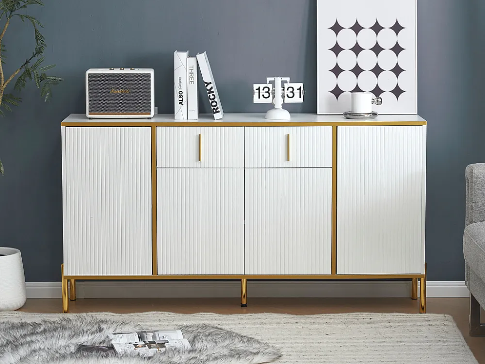 Laag dressoir 4 deuren en 2 laden - 140 x 35 x 76 cm - Spaanplaat en goud metaal - Wit Merax
