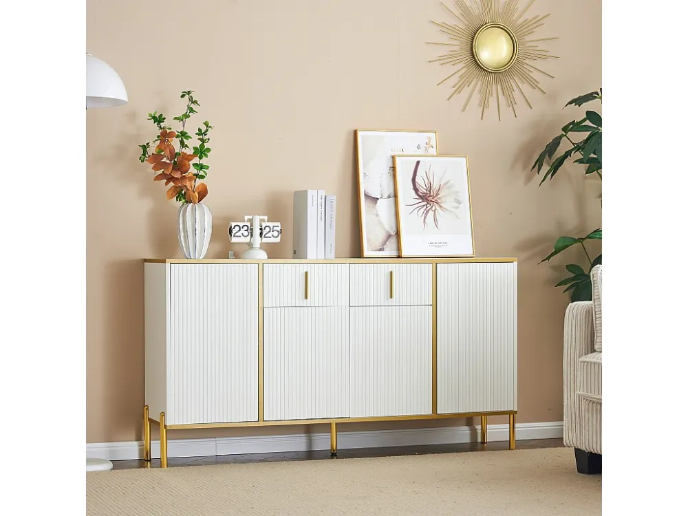 Laag dressoir 4 deuren en 2 laden - 140 x 35 x 76 cm - Spaanplaat en goud metaal - Wit Merax