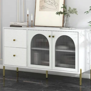 Laag dressoir - 2 laden en 2 glazen deuren - verstelbare planken en gemarmerd fineer - witte kleur Merax