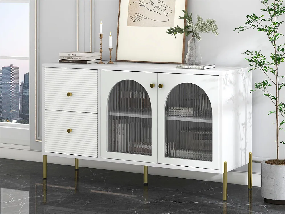 Laag dressoir - 2 laden en 2 glazen deuren - verstelbare planken en gemarmerd fineer - witte kleur Merax