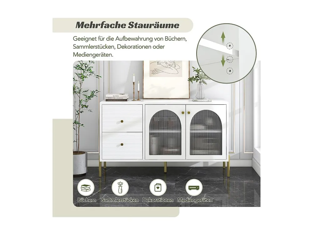 Laag dressoir - 2 laden en 2 glazen deuren - verstelbare planken en gemarmerd fineer - witte kleur Merax