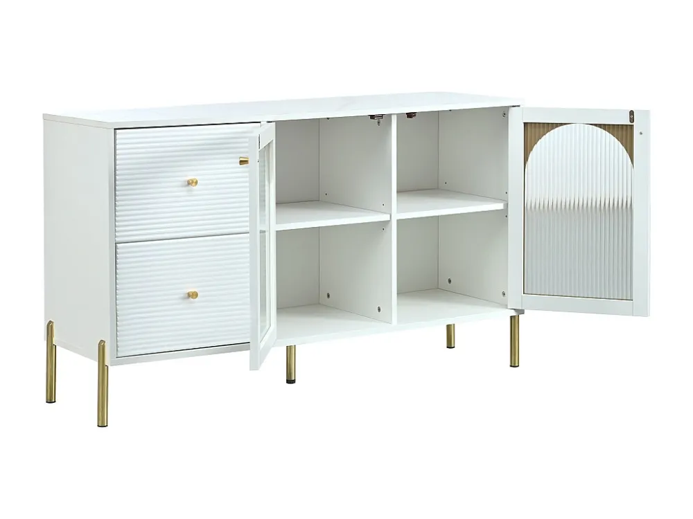 Laag dressoir - 2 laden en 2 glazen deuren - verstelbare planken en gemarmerd fineer - witte kleur Merax