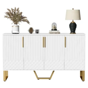 Laag dressoir met 4 deuren - 140 L x 40 D x 80 H cm - MDF hout en goudkleurige metalen poten - Glanzend wit Merax