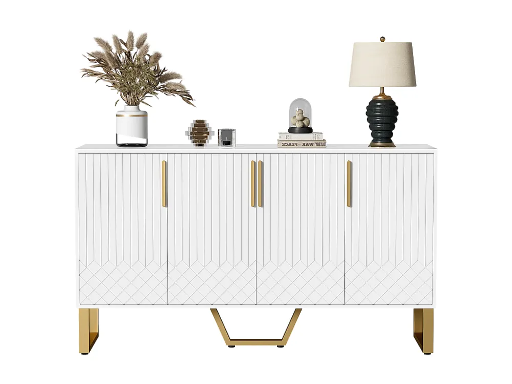 Laag dressoir met 4 deuren - 140 L x 40 D x 80 H cm - MDF hout en goudkleurige metalen poten - Glanzend wit Merax
