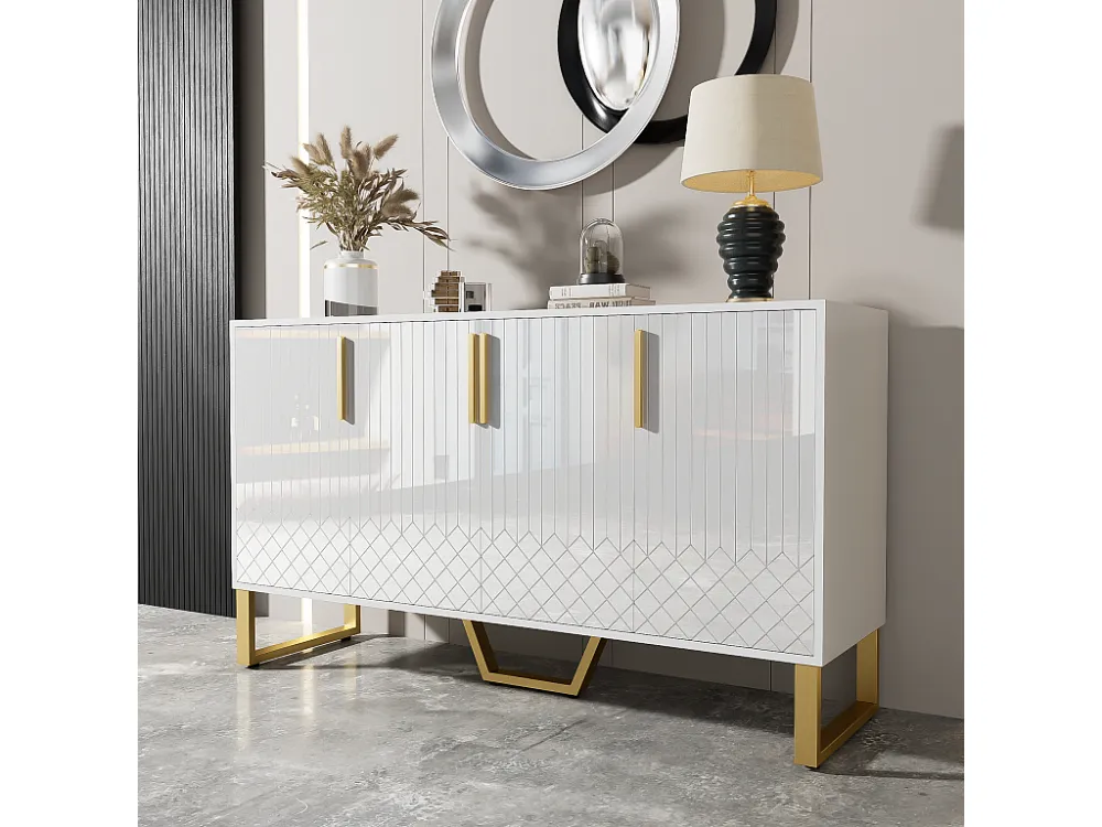 Laag dressoir met 4 deuren - 140 L x 40 D x 80 H cm - MDF hout en goudkleurige metalen poten - Glanzend wit Merax