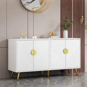 Laag dressoir met 4 deuren - 140 x 40 x 75 cm - Spaanplaten en goudkleurige metalen poten - Wit Merax