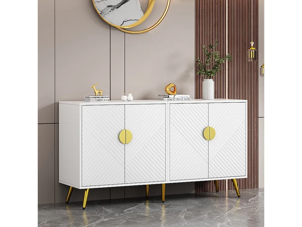 Laag dressoir met 4 deuren - 140 x 40 x 75 cm - Spaanplaten en goudkleurige metalen poten - Wit Merax