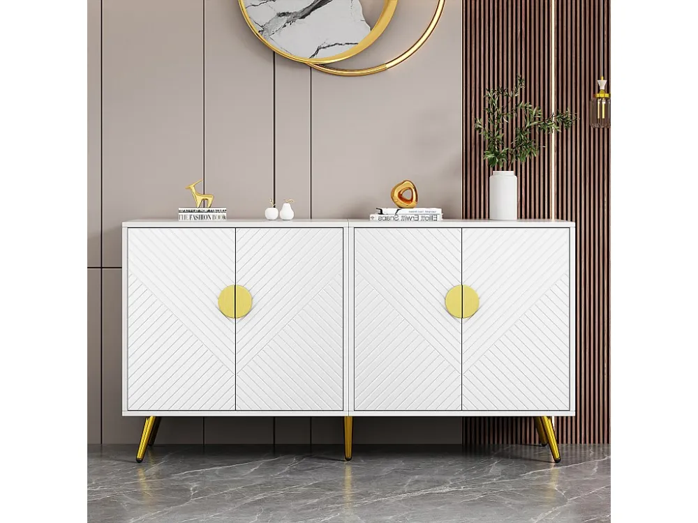 Laag dressoir met 4 deuren - 140 x 40 x 75 cm - Spaanplaten en goudkleurige metalen poten - Wit Merax