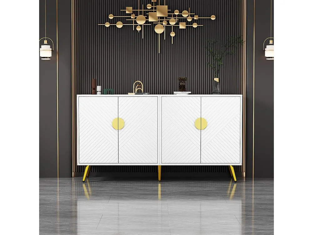 Laag dressoir met 4 deuren - 140 x 40 x 75 cm - Spaanplaten en goudkleurige metalen poten - Wit Merax