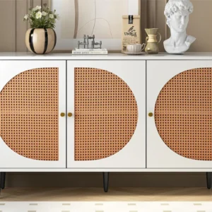 Laag dressoir met 3 deuren gedecoreerd rotan, spaanplaat, vintage stijl, wit en eiken, 129,8x 40x 76cm Merax