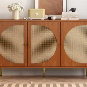 Laag dressoir met 3 deuren gedecoreerd rotan, spaanplaat, vintage stijl, walnoot, 129,8x 40x 76cm Merax