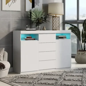 Laag dressoir met 2 deuren en 4 laden, met LED's, MDF-hout, voor keuken eetkamer, wit, 139 x 36,5 x 92 cm Merax