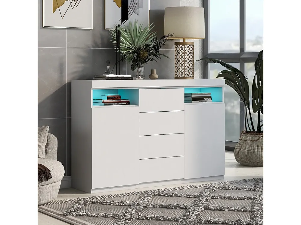 Laag dressoir met 2 deuren en 4 laden, met LED's, MDF-hout, voor keuken eetkamer, wit, 139 x 36,5 x 92 cm Merax