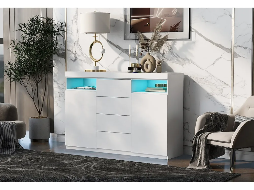 Laag dressoir met 2 deuren en 4 laden, met LED's, MDF-hout, voor keuken eetkamer, wit, 139 x 36,5 x 92 cm Merax
