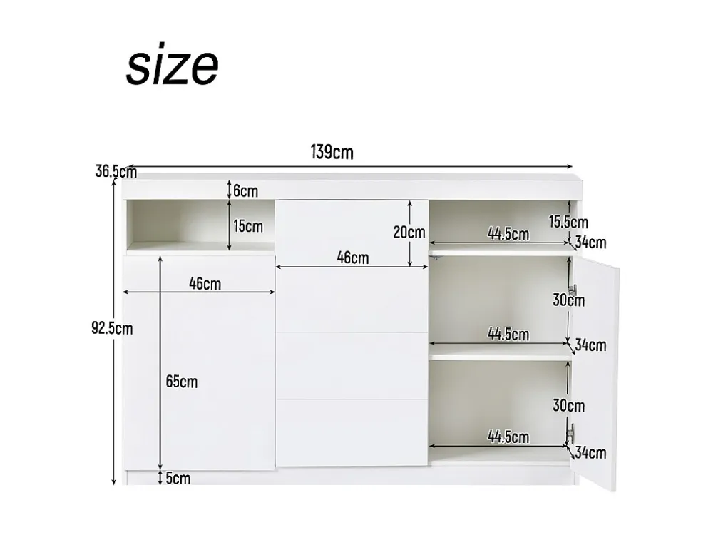 Laag dressoir met 2 deuren en 4 laden, met LED's, MDF-hout, voor keuken eetkamer, wit, 139 x 36,5 x 92 cm Merax