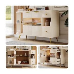 Laag dressoir met 2 deuren, 2 laden en open vakken - 130x40x80 cm - LED's - MDF hout - voor eetkamer - Beige Merax