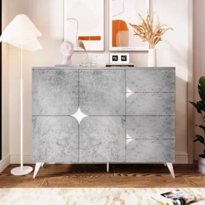 Laag dressoir met 2 deuren en 4 lades - 120 x 35,5 x 94 cm - Spaanplaat - Grijs Merax