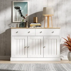 Laag dressoir met 3 deuren en 2 lades - 120 x 36 x 80,5 cm - Spaanplaat - Wit + naturel Merax