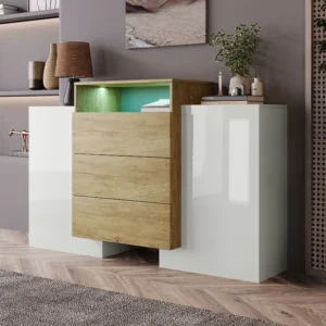 Laag dressoir met 2 deuren en 3 lades, LED's, spaanplaat, Hoogglans, Wit, 140 L x 30 B x 77,5H cm Merax
