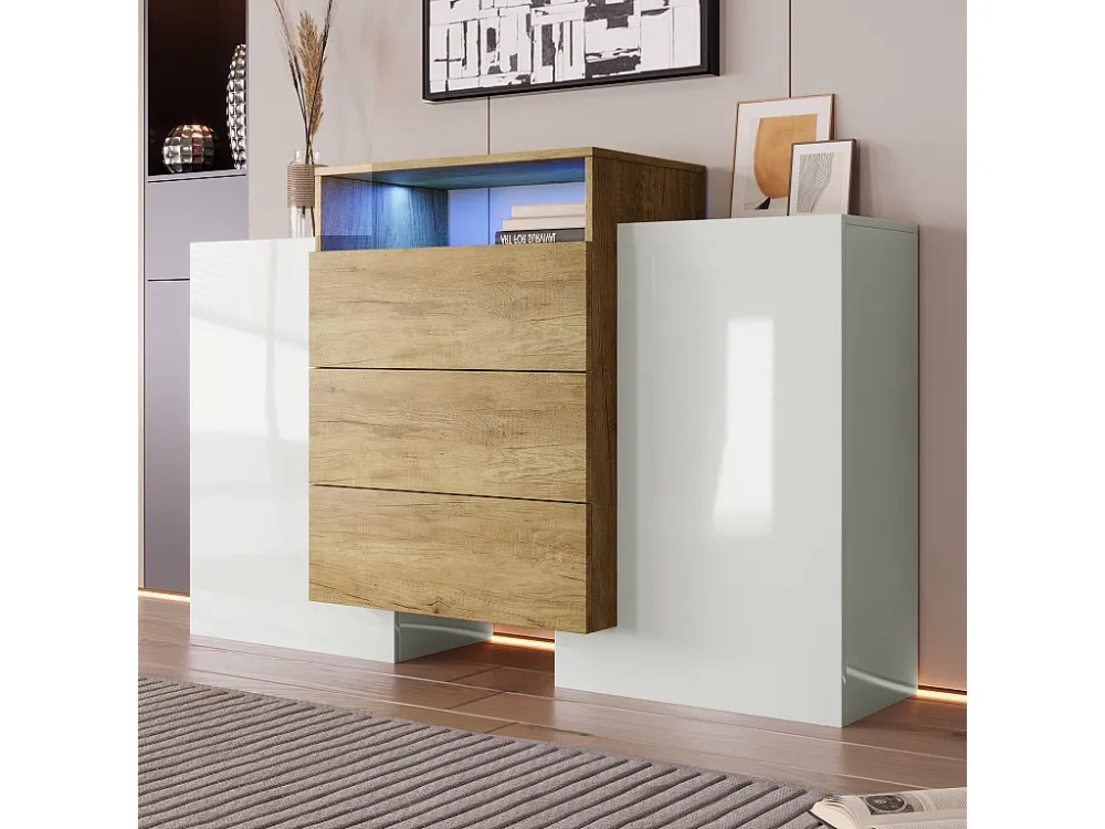 Laag dressoir met 2 deuren en 3 lades, LED's, spaanplaat, Hoogglans, Wit, 140 L x 30 B x 77,5H cm Merax