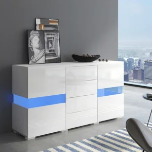 Laag dressoir met 2 deuren en 4 lades, LED's, hoogglans, spaanplaathout, moderne stijl, wit Merax
