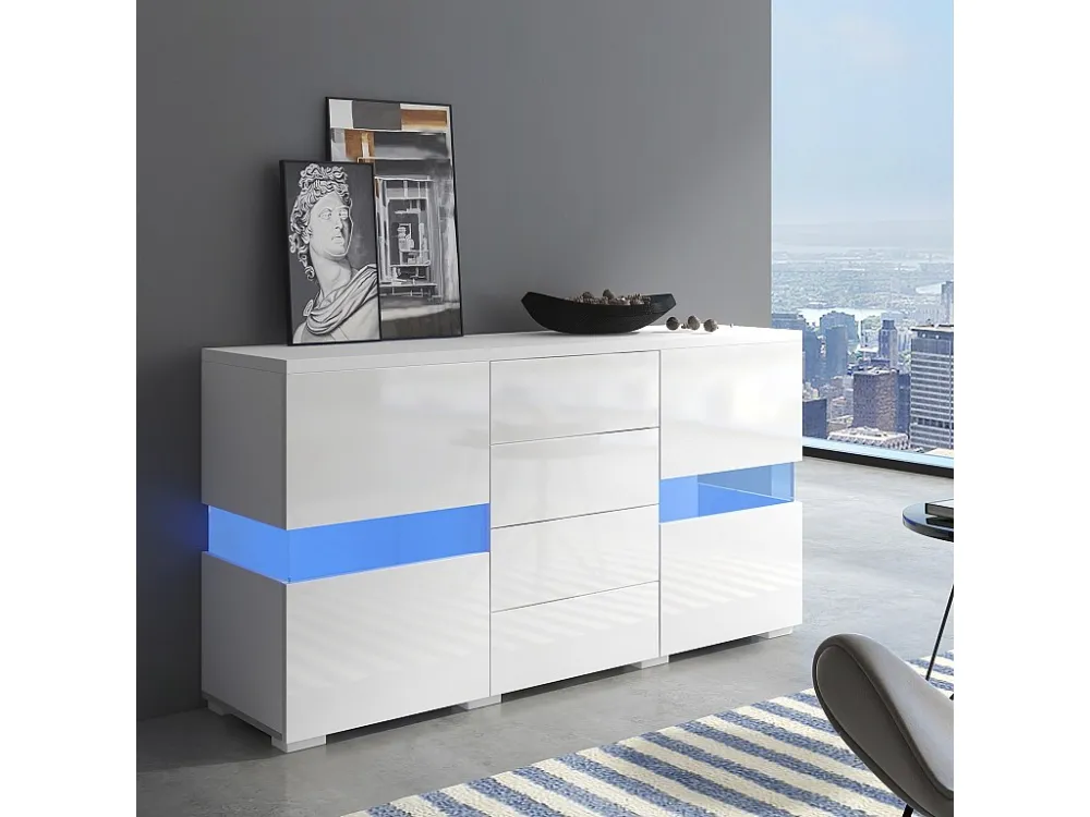 Laag dressoir met 2 deuren en 4 lades, LED's, hoogglans, spaanplaathout, moderne stijl, wit Merax