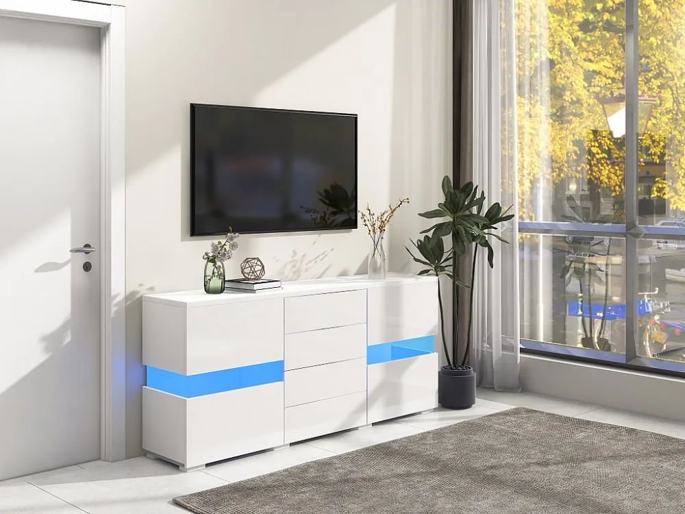 Laag dressoir met 2 deuren en 4 lades, LED's, hoogglans, spaanplaathout, moderne stijl, wit Merax