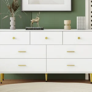 Laag dressoir met 7 lades - 140x35x76cm - Spaanplaat en goud metaal - Wit Merax